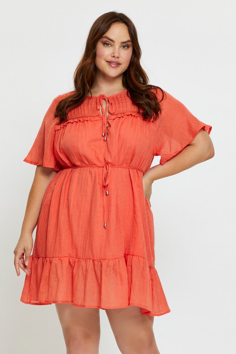 Orange Skater Dress Round Neck Short Sleeve Tie Front For Women By You And All