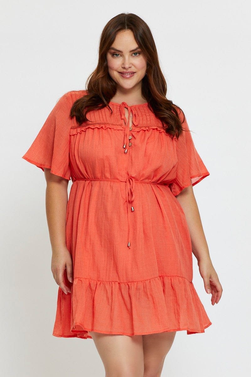 Orange Skater Dress Round Neck Short Sleeve Tie Front For Women By You And All