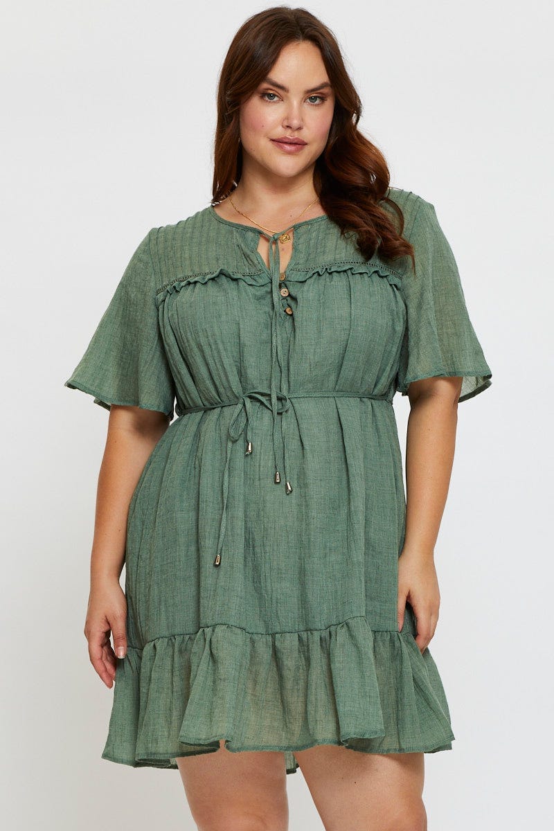 Green Skater Dress Round Neck Short Sleeve Tie Front For Women By You And All