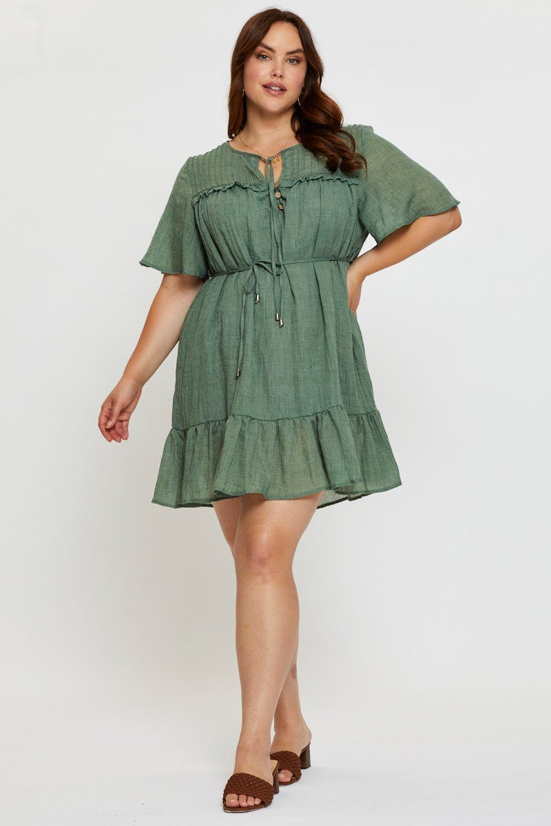 Green Skater Dress Round Neck Short Sleeve Tie Front For Women By You And All