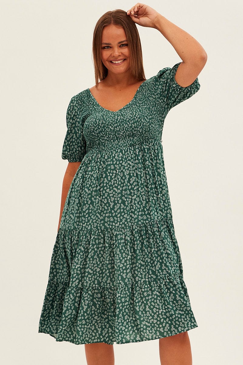 Green Ditsy Midi Dress Shirred Bodice V Neck for YouandAll Fashion