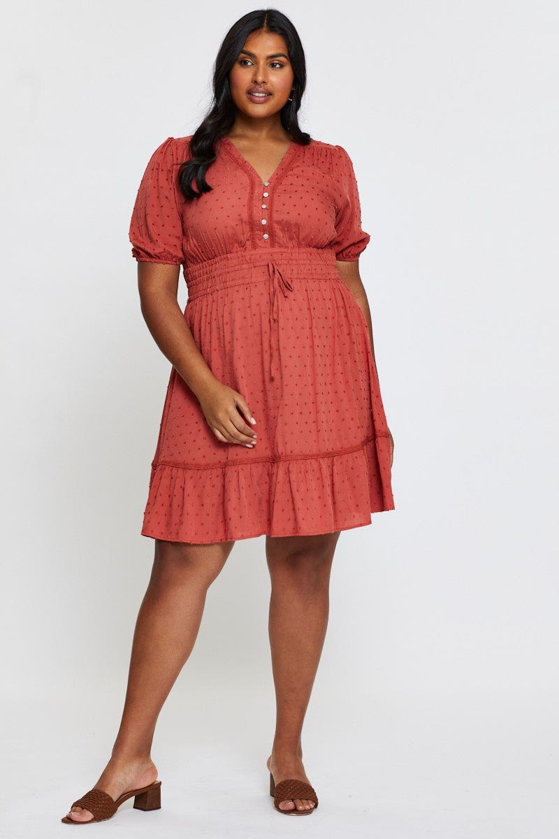 Rust Skater Dress V-Neck Short Sleeve Tie For Women By You And All