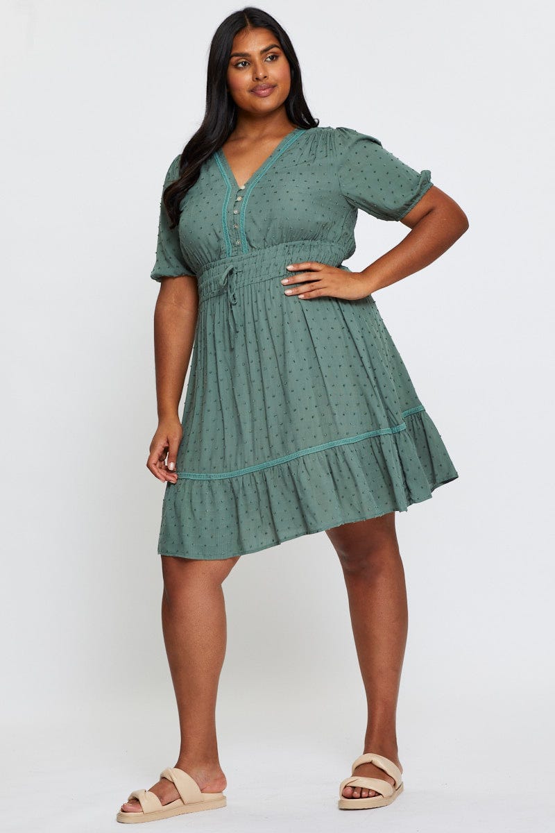 Green Skater Dress V-Neck Short Sleeve Tie For Women By You And All
