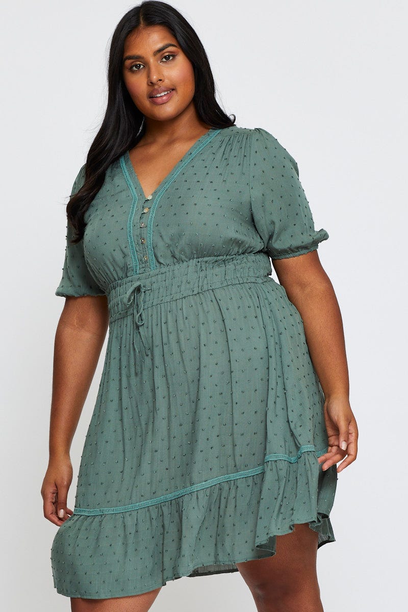 Green Skater Dress V-Neck Short Sleeve Tie For Women By You And All