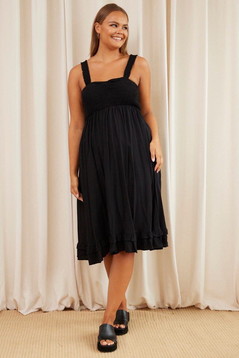 Black Midi Dress Square Neck Sleeveless for YouandAll Fashion