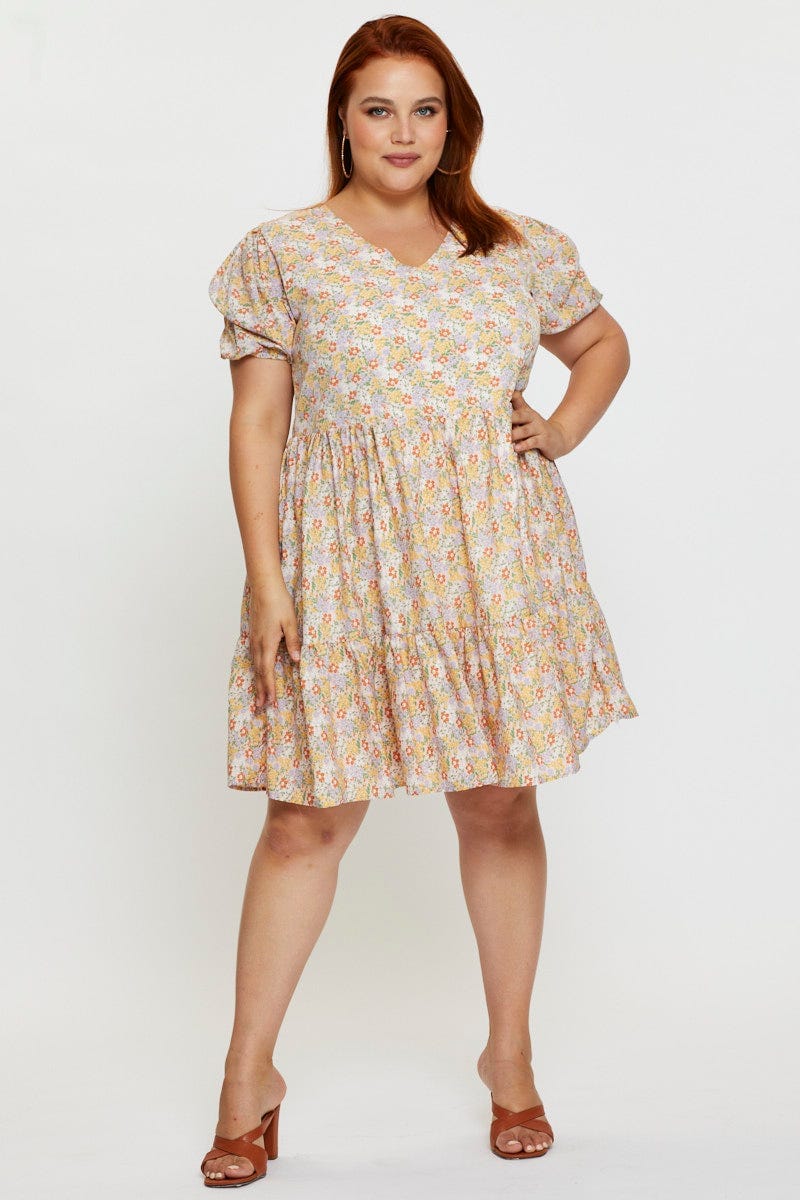 Ditsy Prt Smock Dress V-Neck Short Sleeve For Women By You And All