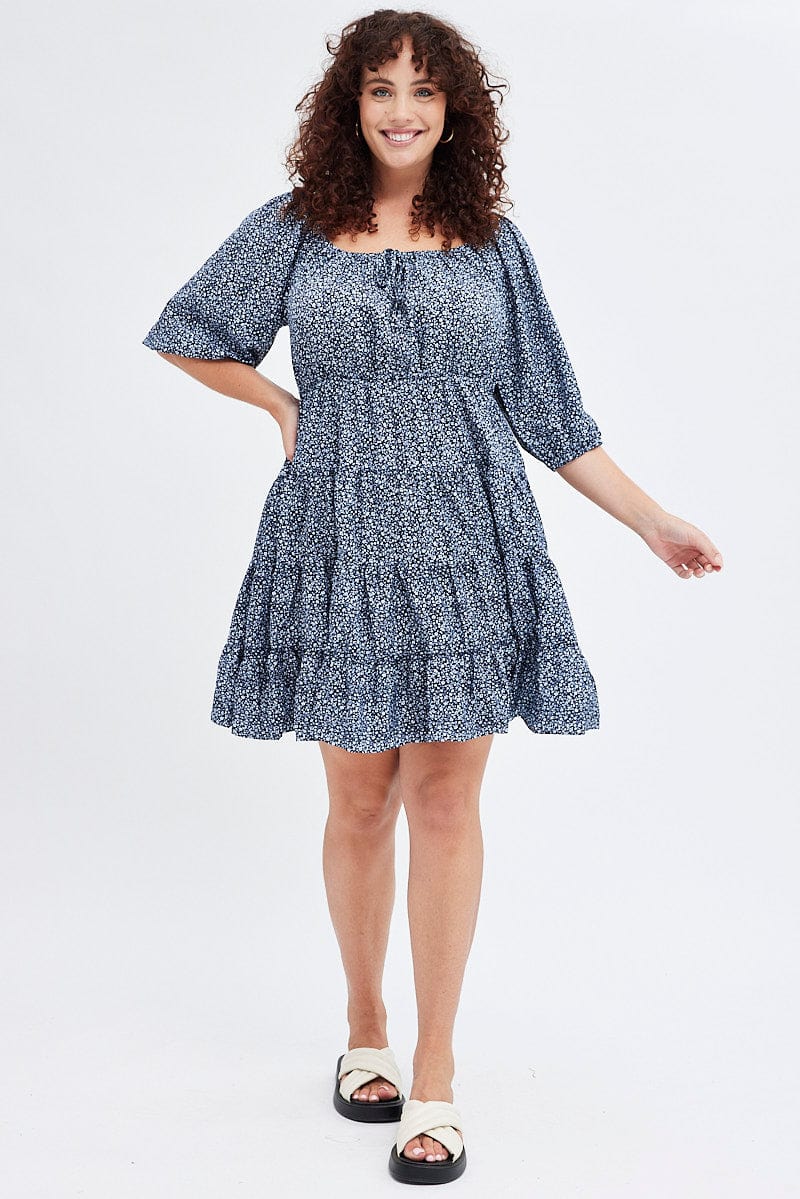 Blue Ditsy Scoop Tiered Dress 3/4 Sleeve Gather Bust for YouandAll Fashion