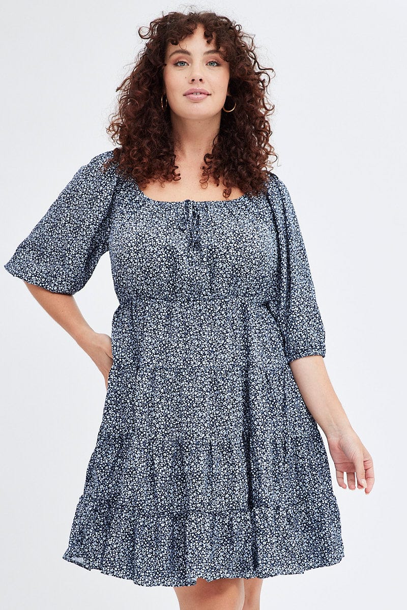 Blue Ditsy Scoop Tiered Dress 3/4 Sleeve Gather Bust for YouandAll Fashion