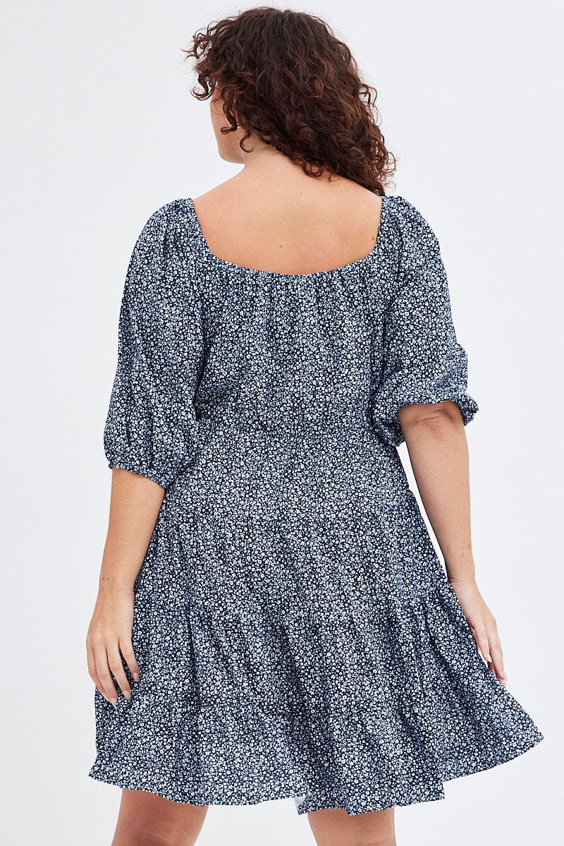 Blue Ditsy Scoop Tiered Dress 3/4 Sleeve Gather Bust for YouandAll Fashion