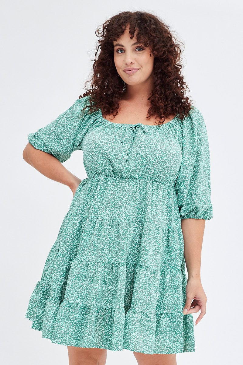 Green Ditsy Scoop Tiered Dress 3/4 Sleeve Gather Bust for YouandAll Fashion