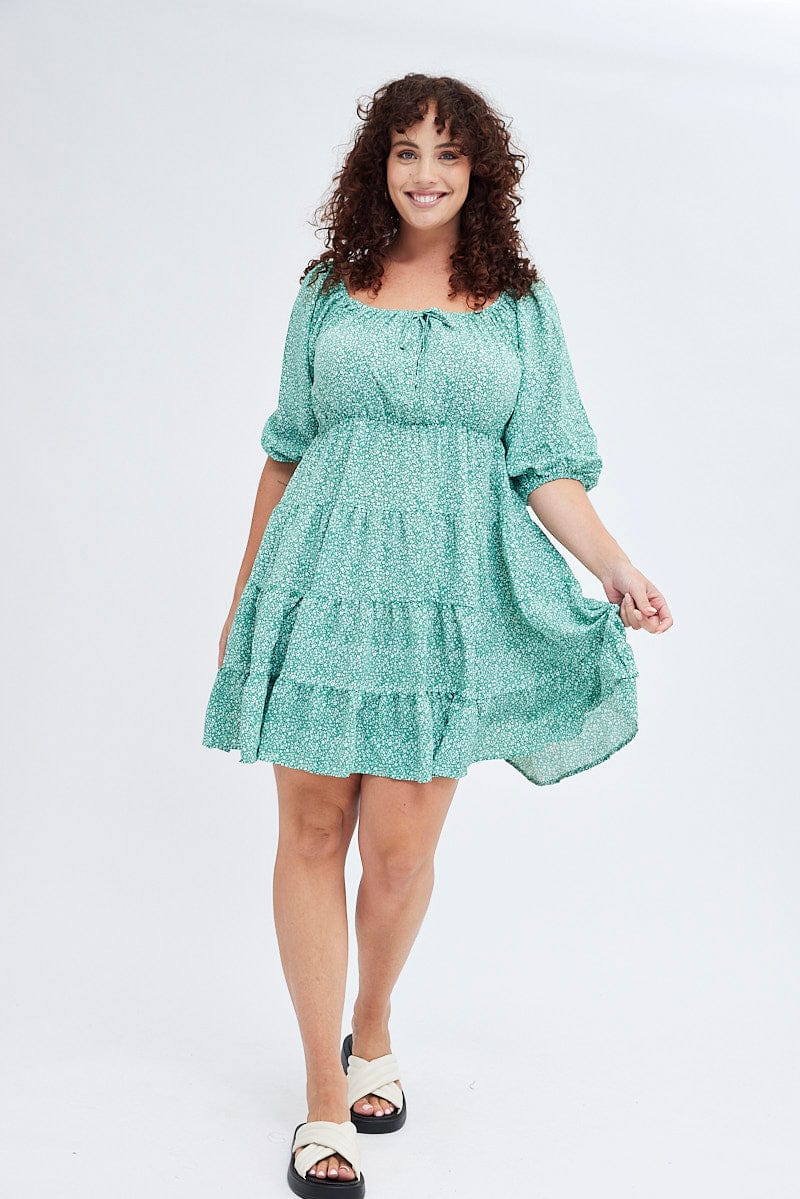 Green Ditsy Scoop Tiered Dress 3/4 Sleeve Gather Bust for YouandAll Fashion