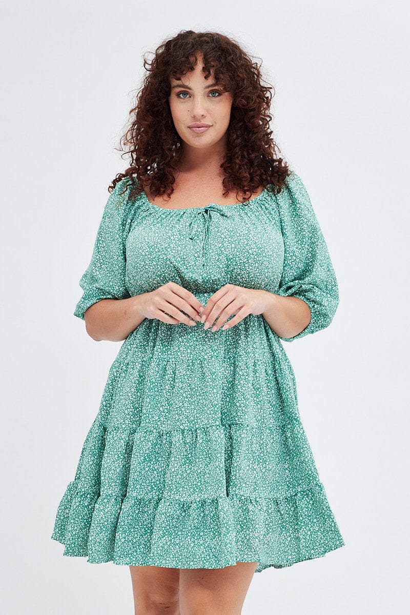 Green Ditsy Scoop Tiered Dress 3/4 Sleeve Gather Bust | You & All Green Ditsy Scoop Tiered Dress 3/4 Sleeve Gather Bust | You & All