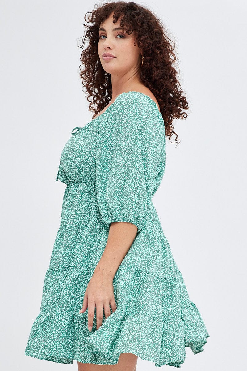 Green Ditsy Scoop Tiered Dress 3/4 Sleeve Gather Bust for YouandAll Fashion