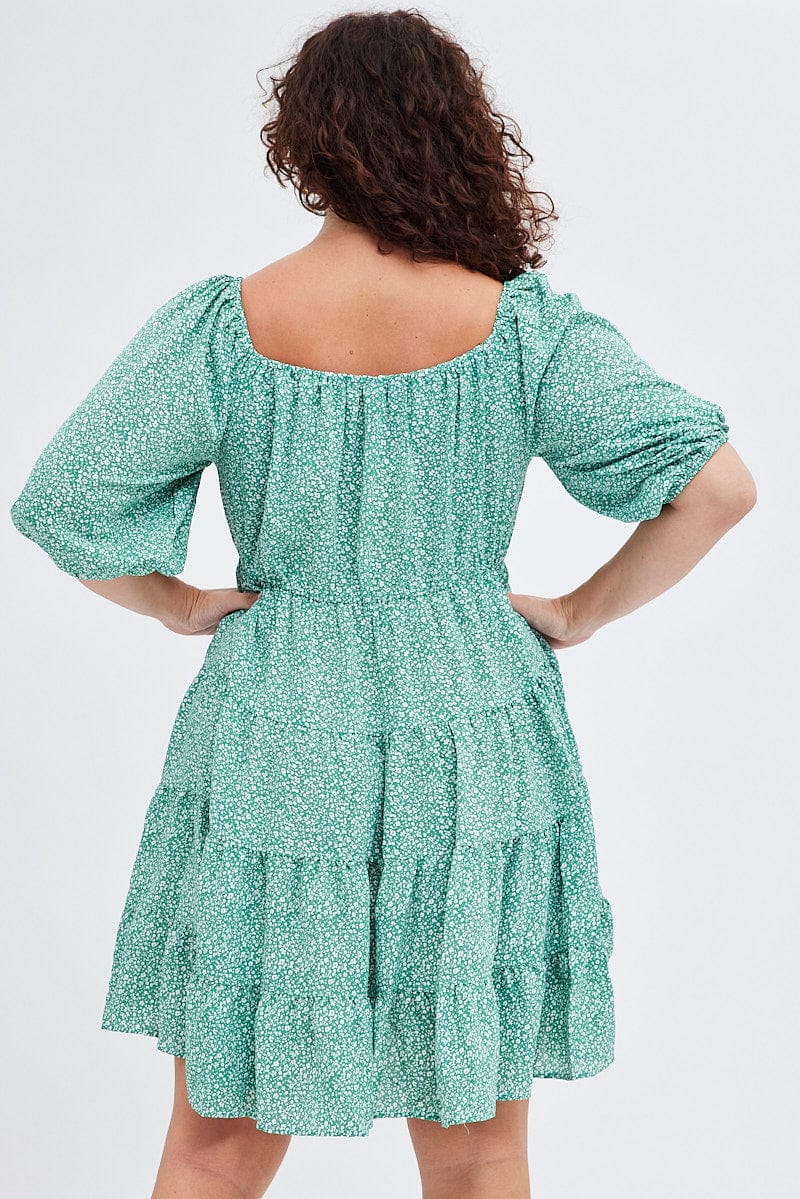 Green Ditsy Scoop Tiered Dress 3/4 Sleeve Gather Bust for YouandAll Fashion