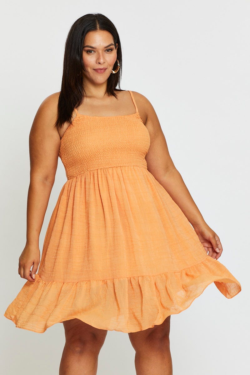 Orange Skater Dress Square Neck Sleeveless Tie For Women By You And All