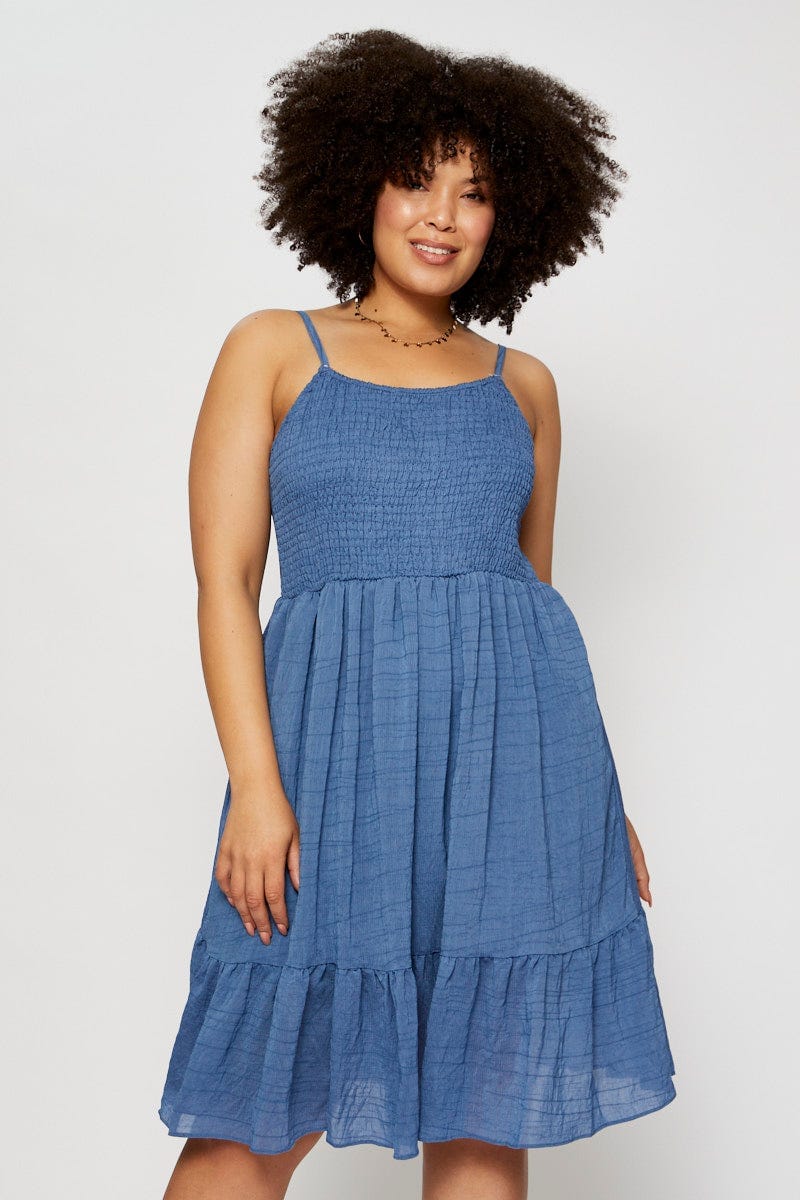 Blue Skater Dress Square Neck Sleeveless Tie For Women By You And All