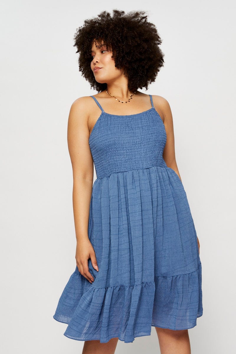 Blue Skater Dress Square Neck Sleeveless Tie For Women By You And All