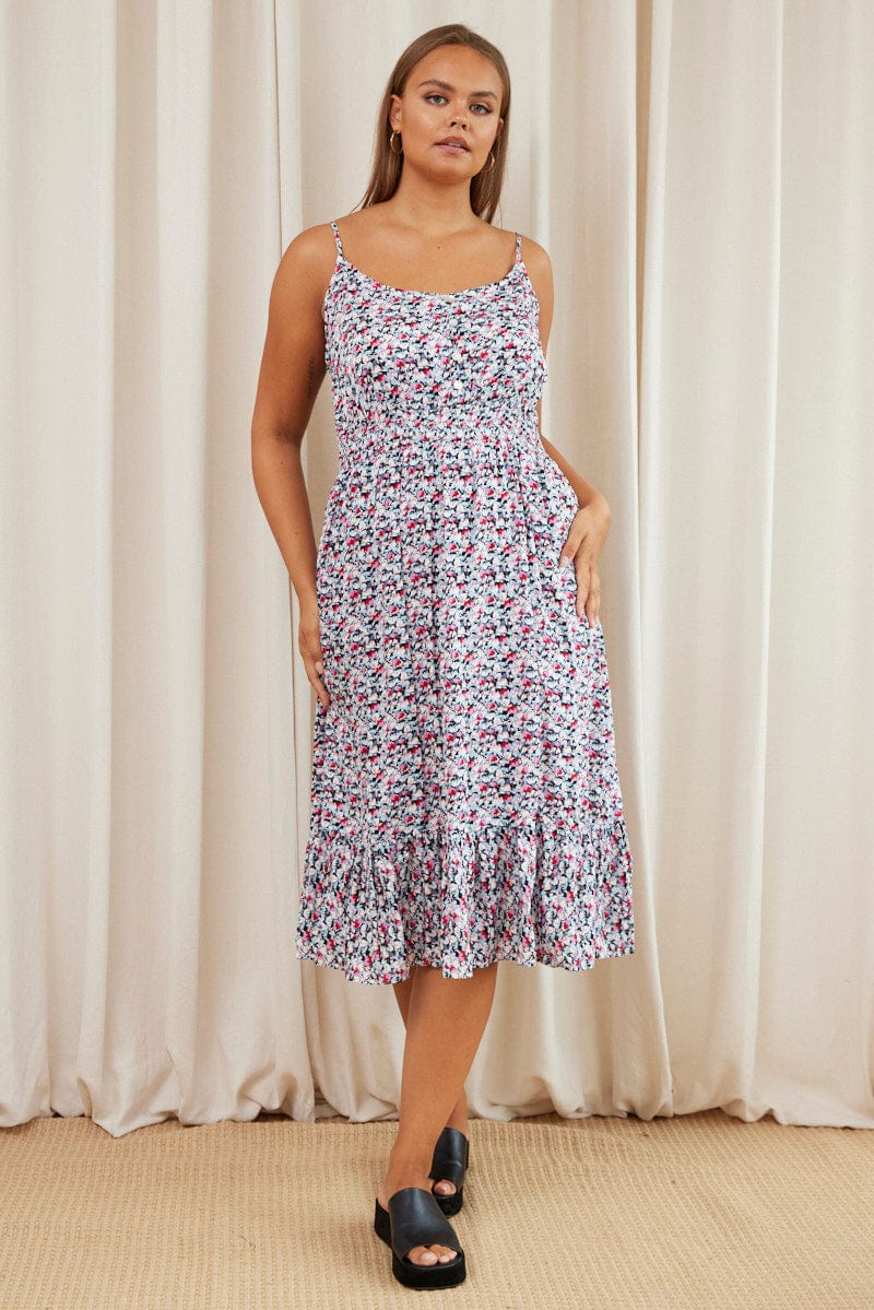 Floral Print Midi Dress V-Neck Sleeveless for YouandAll Fashion