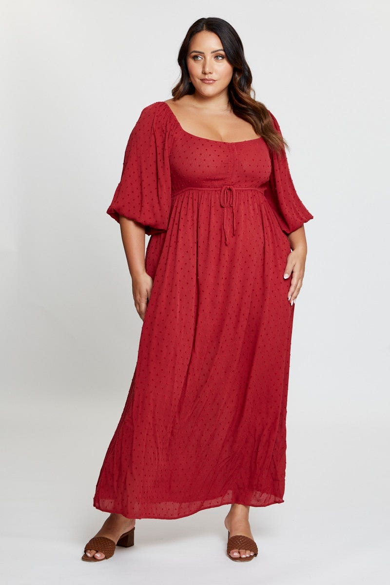 Wine Short Sleeve Ruched Bust Textured Midi Dress For Women By You And All