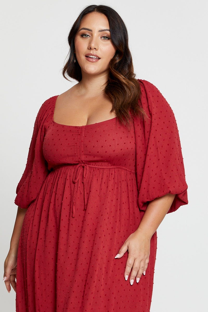 Wine Short Sleeve Ruched Bust Textured Midi Dress For Women By You And All