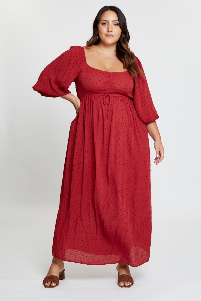 Wine Short Sleeve Ruched Bust Textured Midi Dress For Women By You And All