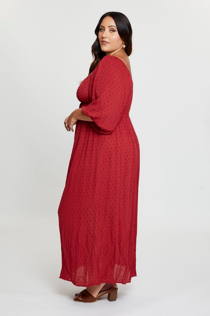 Wine Short Sleeve Ruched Bust Textured Midi Dress For Women By You And All