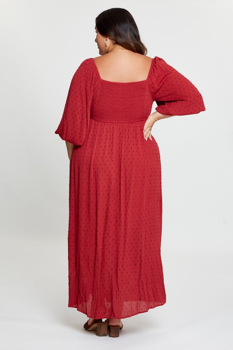 Wine Short Sleeve Ruched Bust Textured Midi Dress For Women By You And All