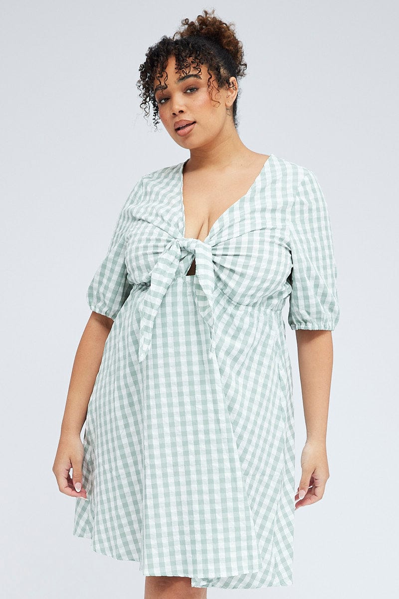 Green Check Mini Dress Tie Gingham Puff Sleeve | You & All Green Check Mini Dress Tie Gingham Puff Sleeve | You & All