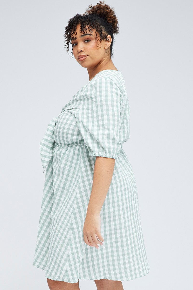 Green Check Mini Dress Tie Gingham Puff Sleeve | You & All Green Check Mini Dress Tie Gingham Puff Sleeve | You & All