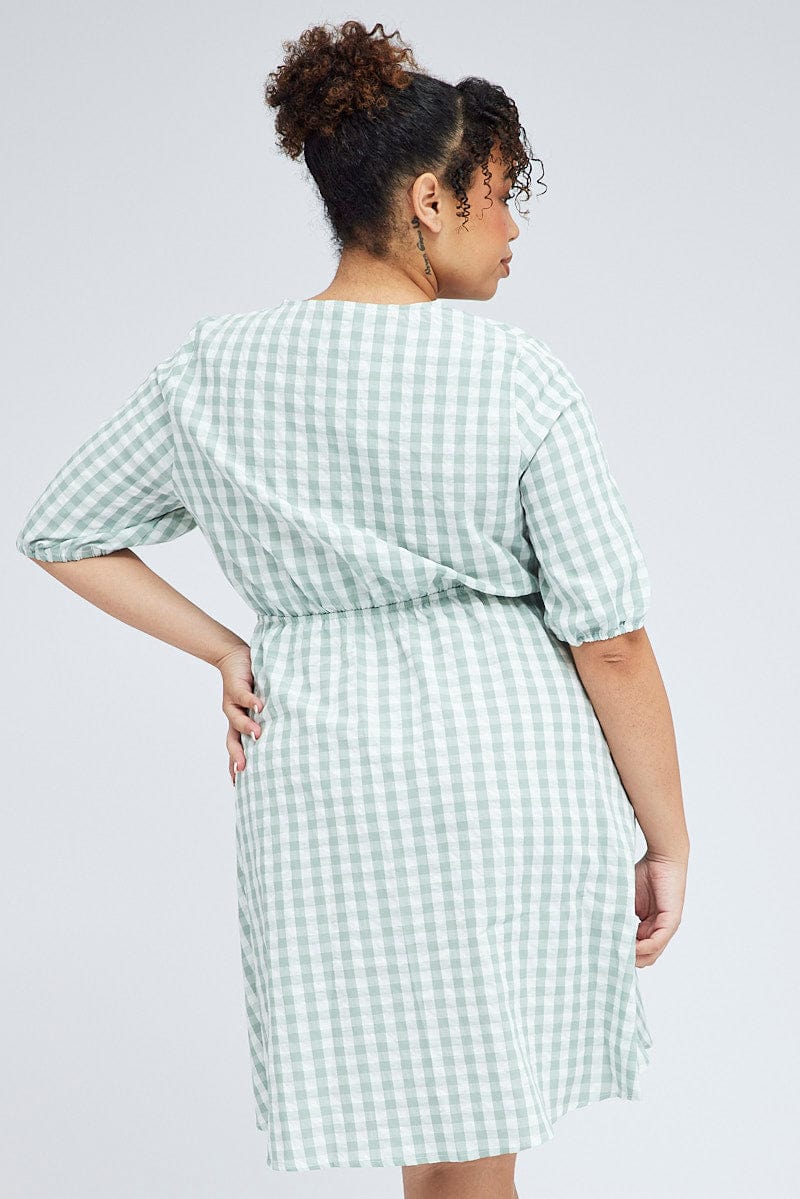 Green Check Mini Dress Tie Gingham Puff Sleeve | You & All Green Check Mini Dress Tie Gingham Puff Sleeve | You & All