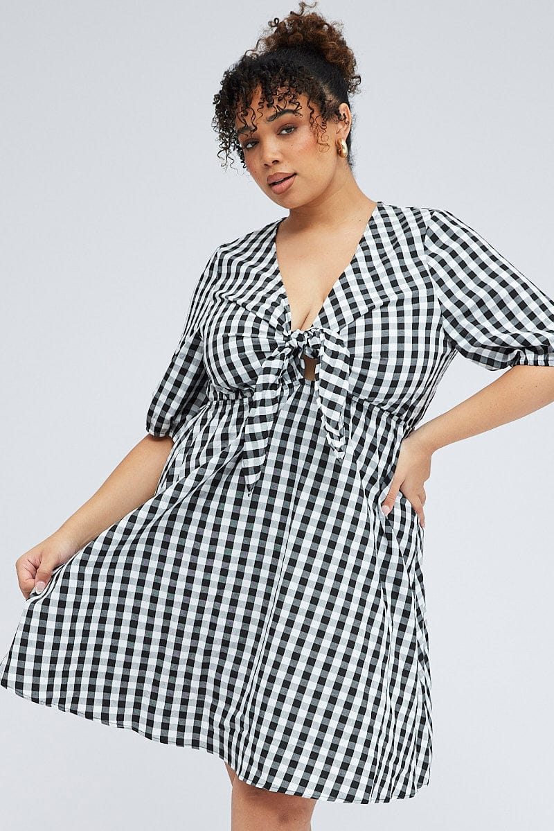 Black Check Mini Dress Tie Gingham Puff Sleeve for YouandAll Fashion