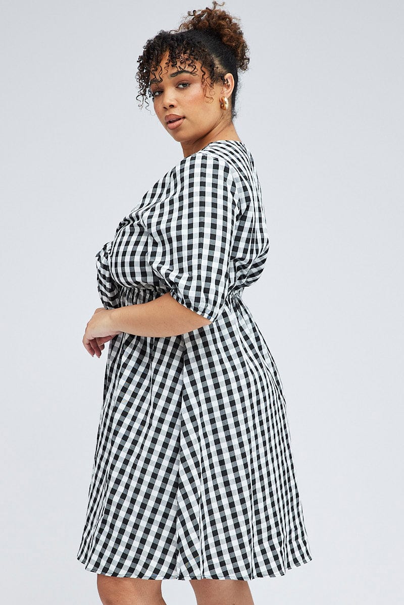 Black Check Mini Dress Tie Gingham Puff Sleeve for YouandAll Fashion