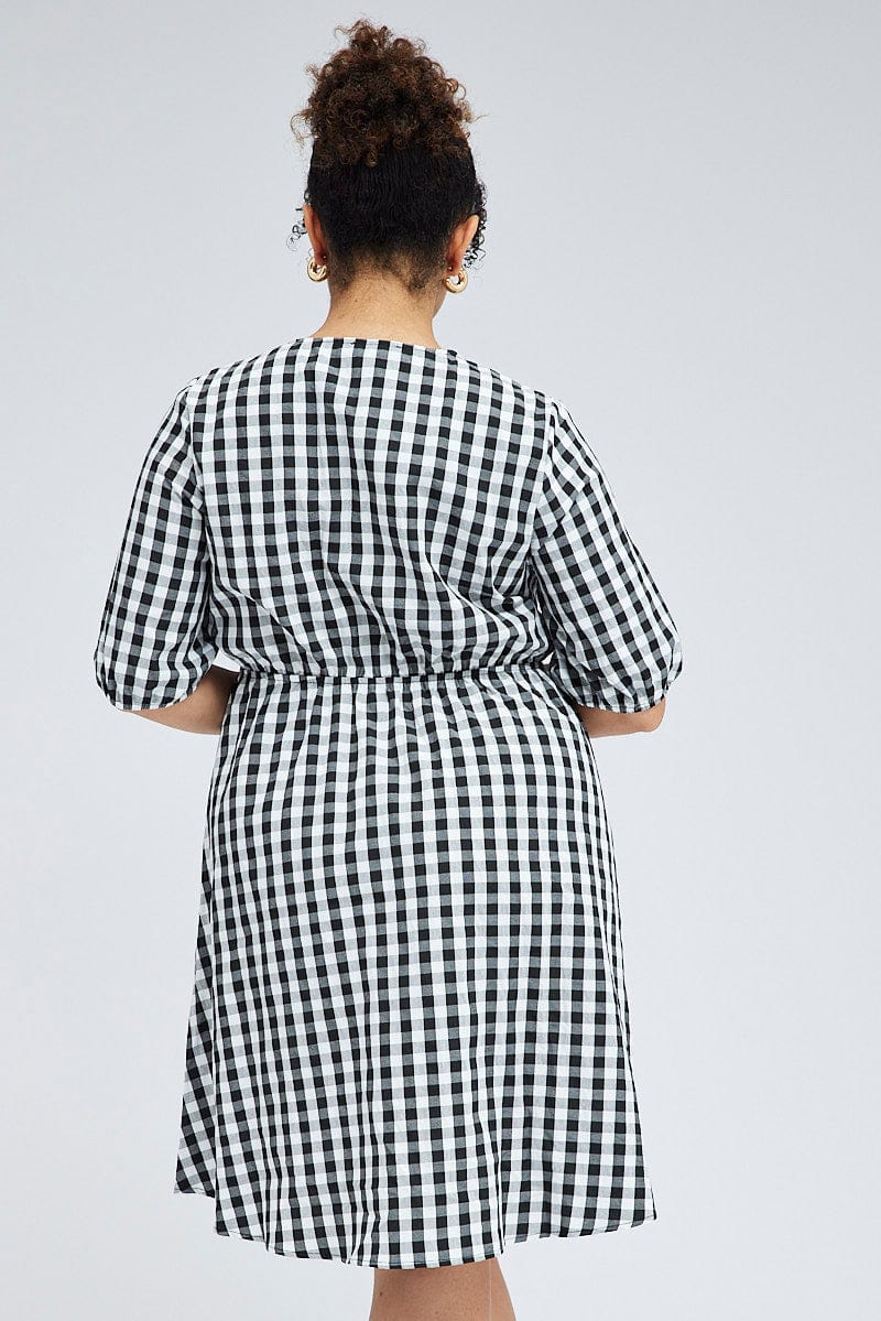 Black Check Mini Dress Tie Gingham Puff Sleeve for YouandAll Fashion