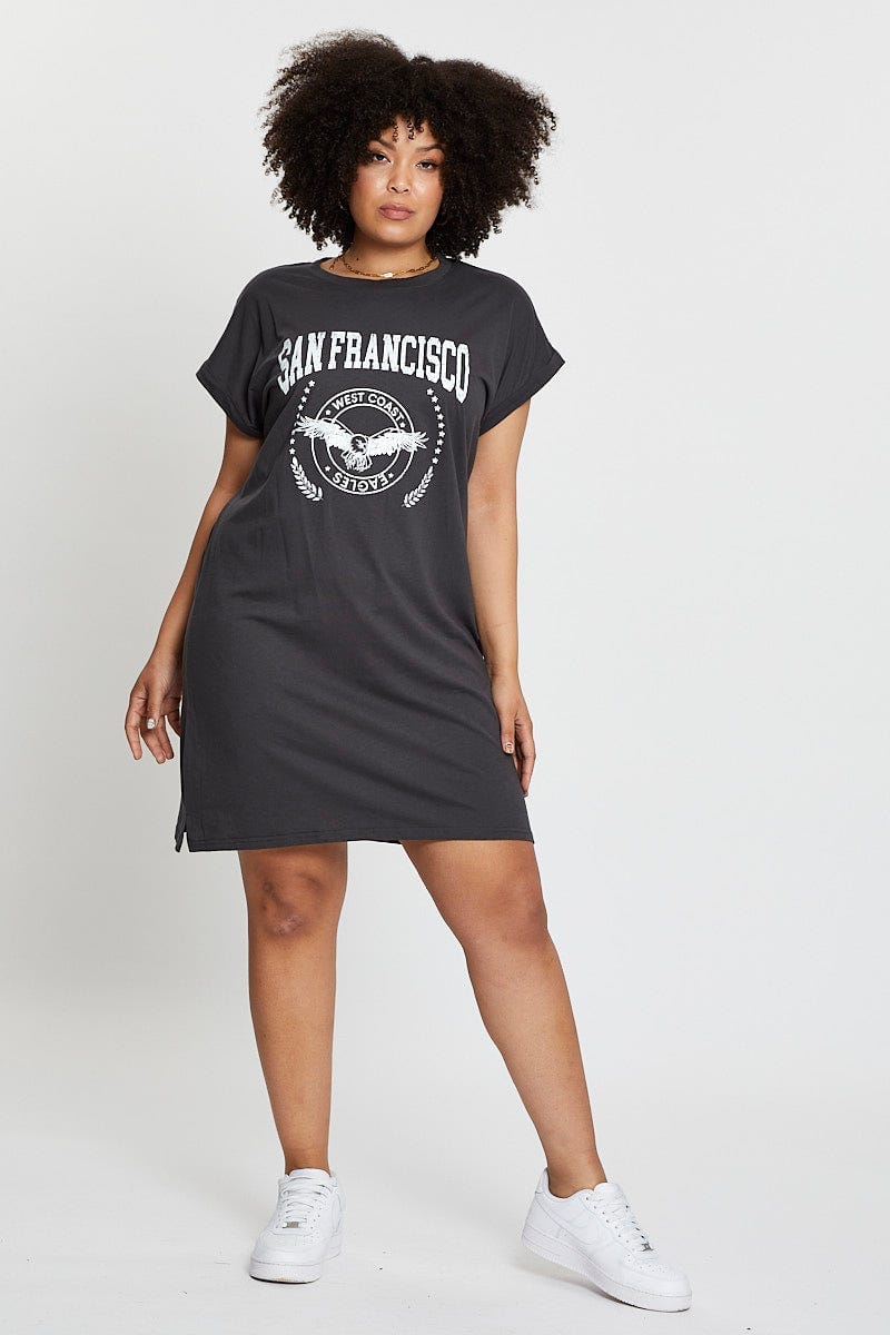 Plus Size Grey Short Sleeve Graphic T Shirt Dress | You + All | Shop Online | You & All Plus Size Grey Short Sleeve Graphic T Shirt Dress | You + All | Shop Online | You & All