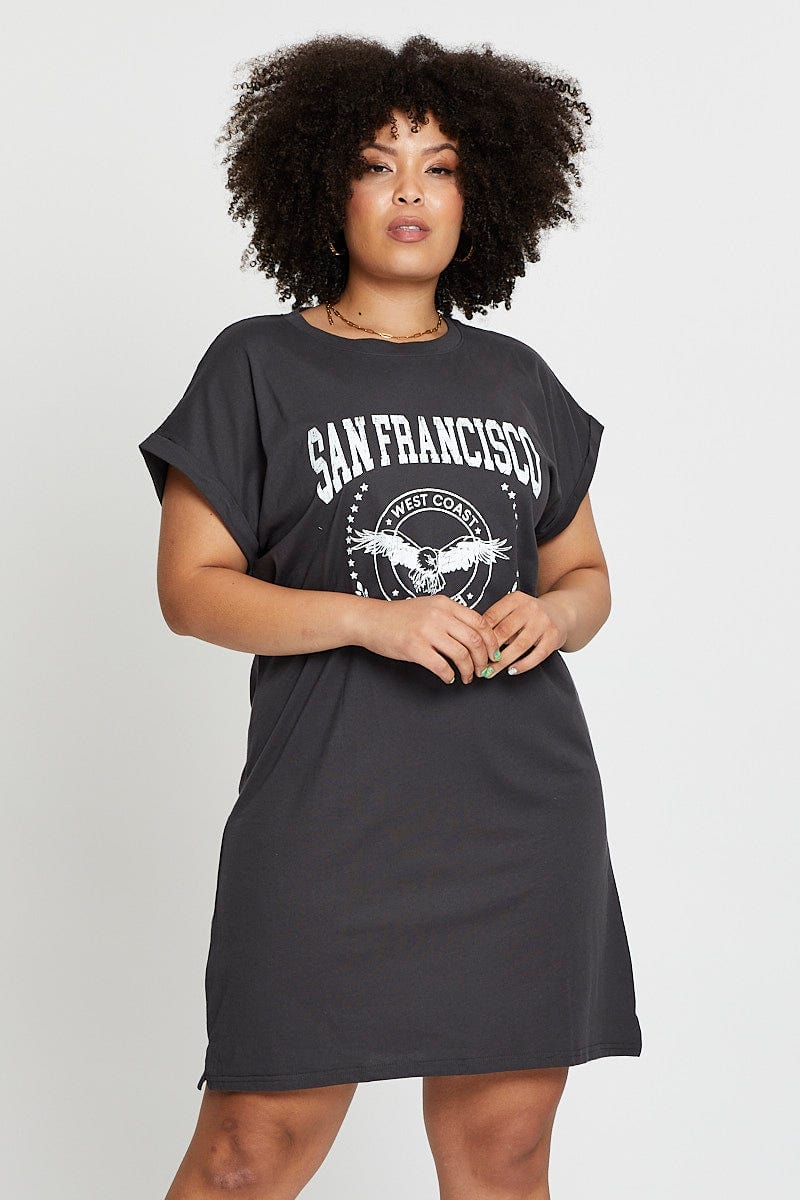 Grey Short Sleeve Graphic T Shirt Dress For Women By You And All