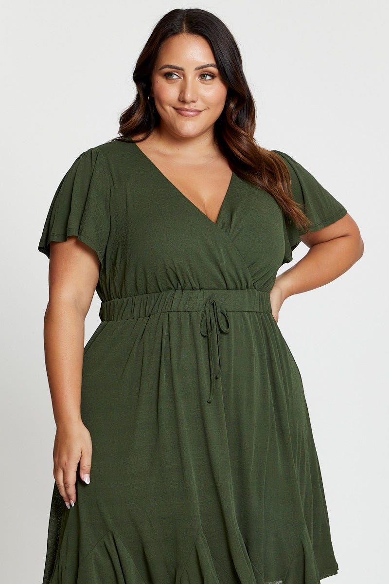 Green Skater Dress V-Neck Short Sleeve Waist Tie For Women By You And All