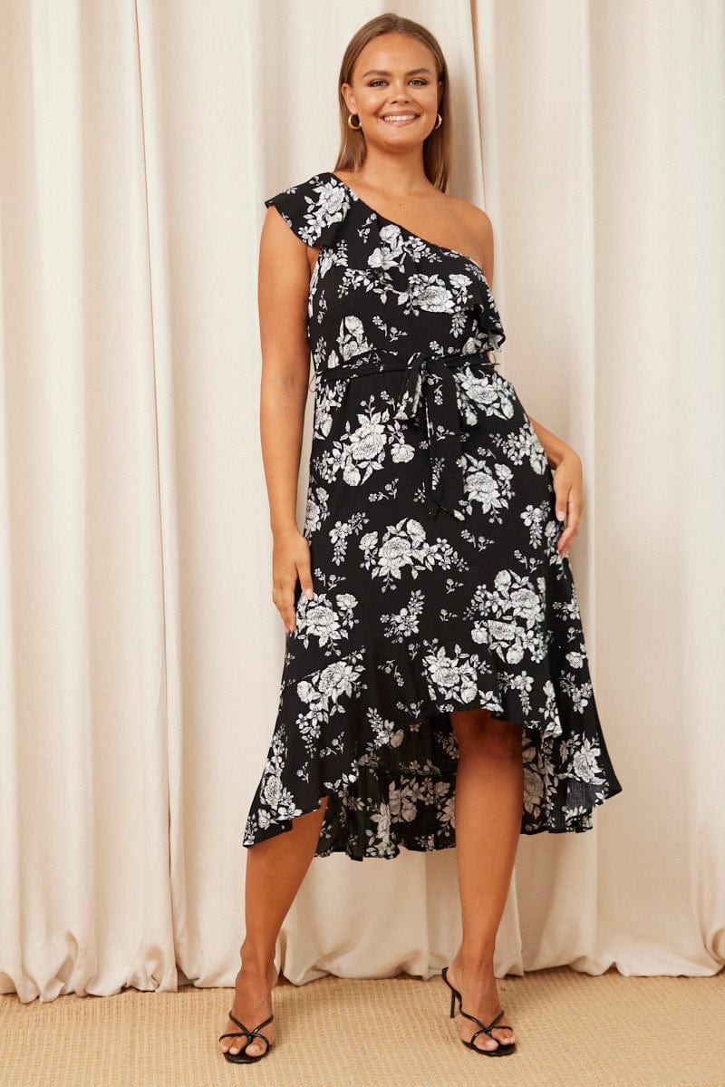 Trop Print Midi Dress One Shoulder Sleeveless for YouandAll Fashion