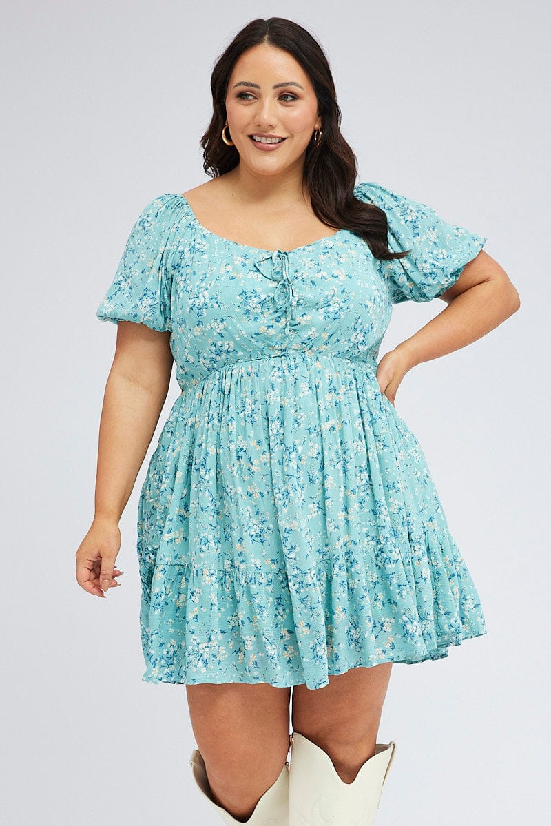 Ditsy Print Short Puff Sleeve Floral Dress for YouandAll Fashion