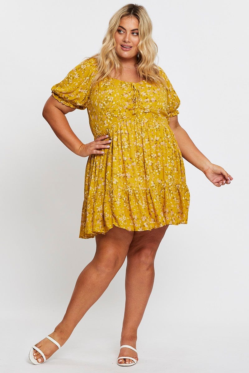 Ditsy Prt Short Puff Sleeve Mustard Floral Dress For Women By You And All