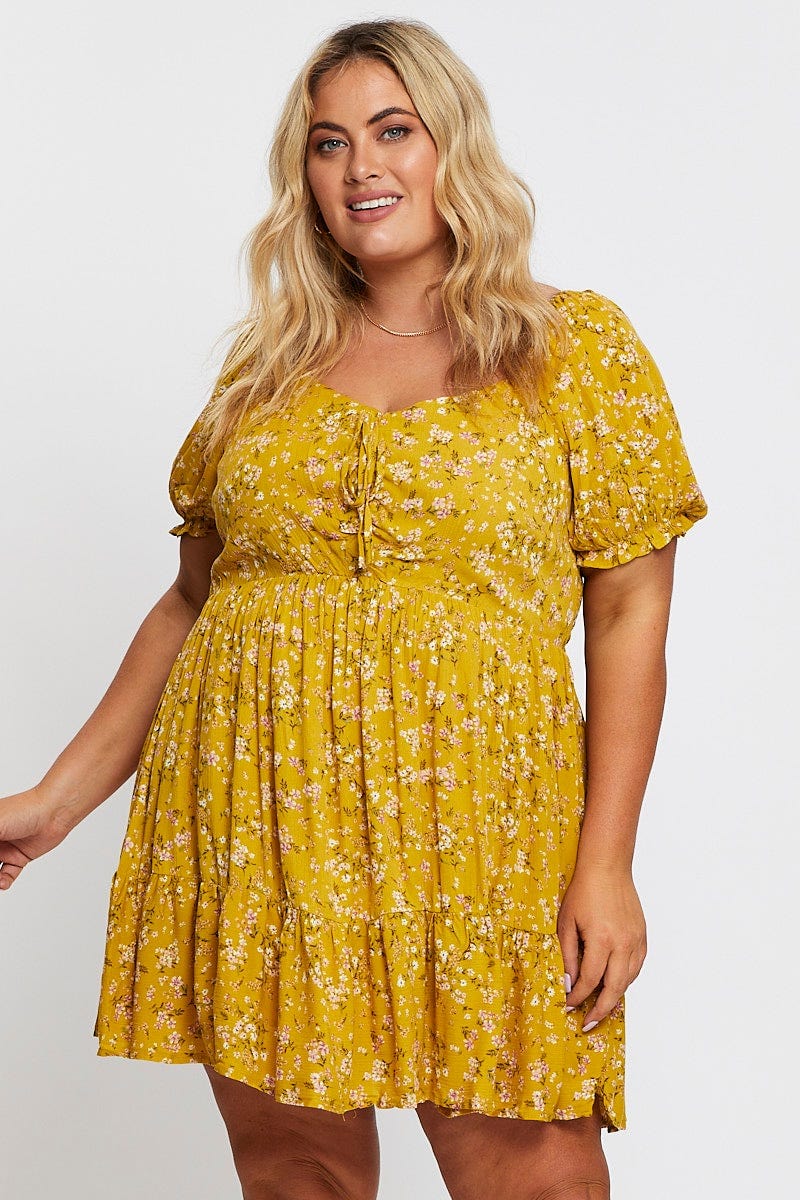 Ditsy Prt Short Puff Sleeve Mustard Floral Dress For Women By You And All