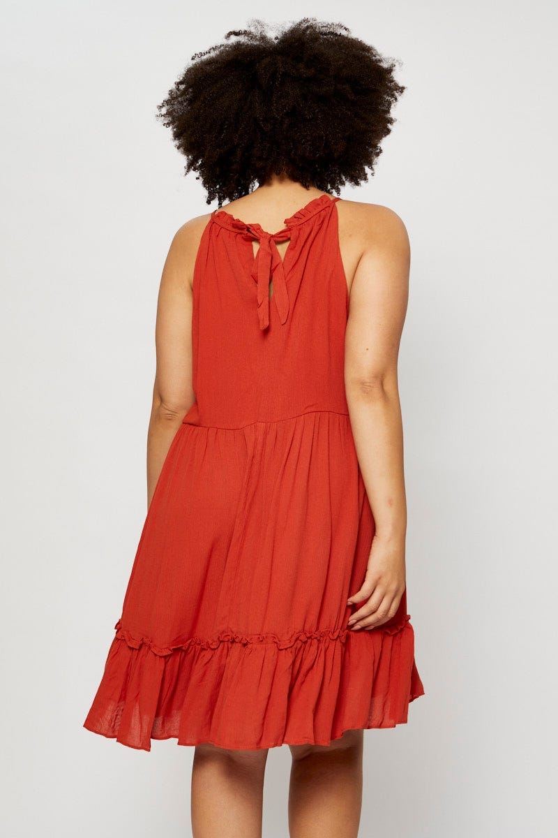 Rust Smock Dress Halter Sleeveless Ruffle For Women By You And All