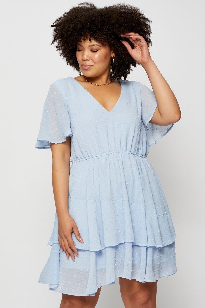 Blue Skater Dress Textured V-Neck Short Sleeve For Women By You And All