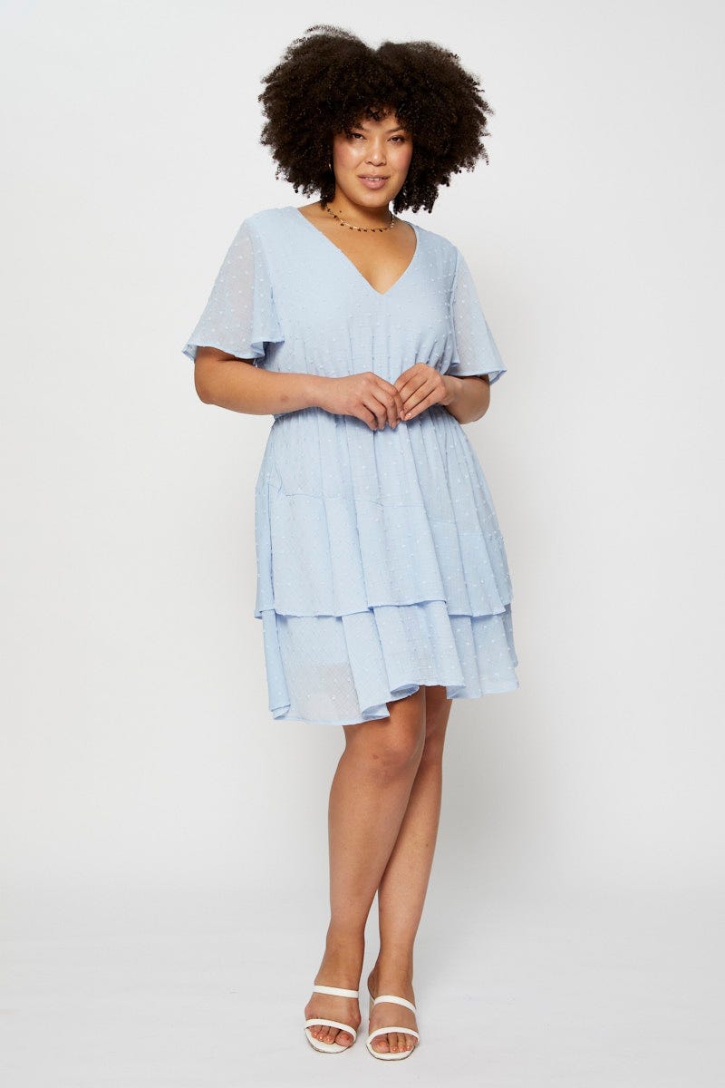 Blue Skater Dress Textured V-Neck Short Sleeve For Women By You And All