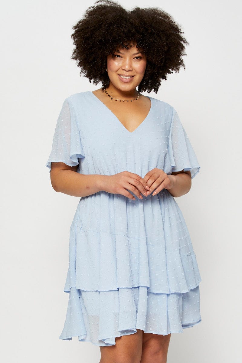 Blue Skater Dress Textured V-Neck Short Sleeve For Women By You And All