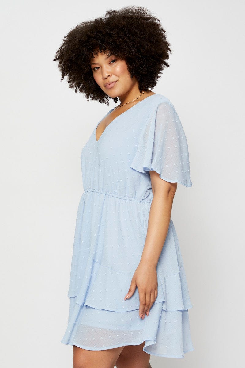 Blue Skater Dress Textured V-Neck Short Sleeve For Women By You And All