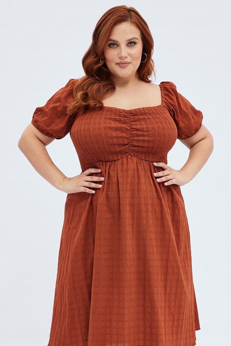 Rust Midi Dress Textured Puff Sleeve | You & All