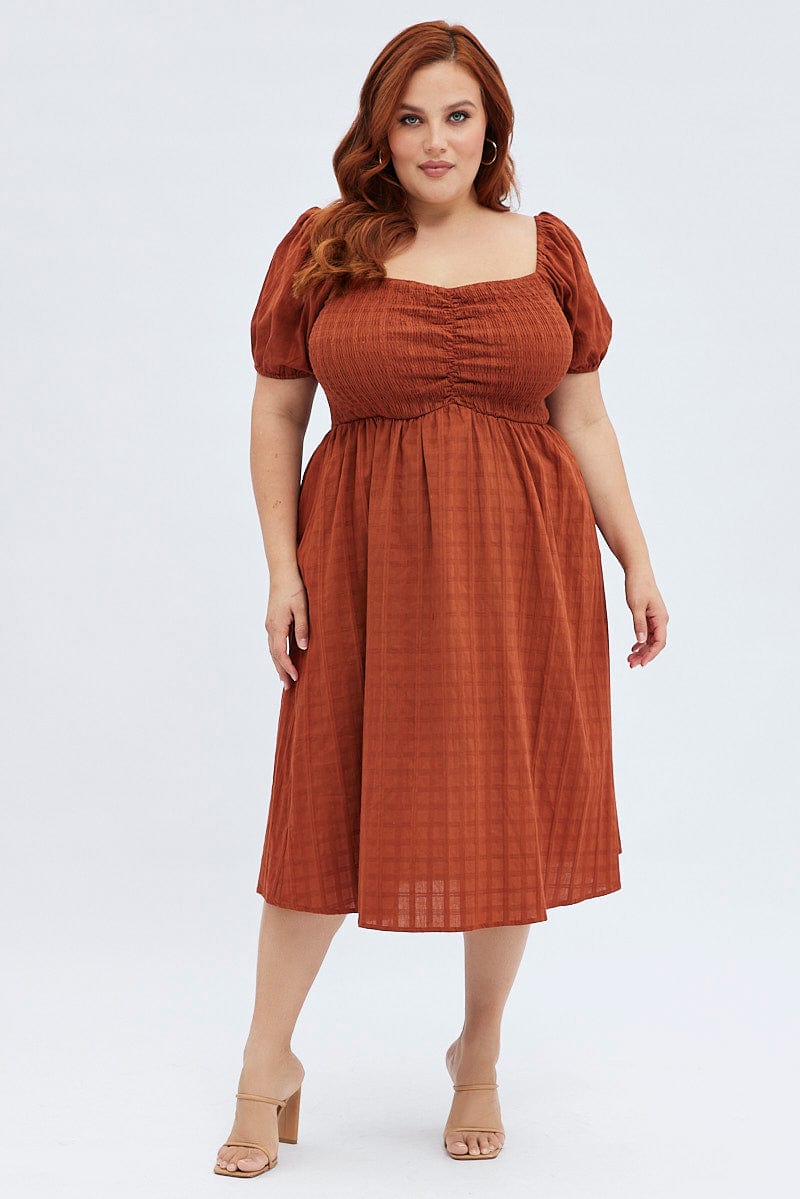 Rust Midi Dress Textured Puff Sleeve for YouandAll Fashion