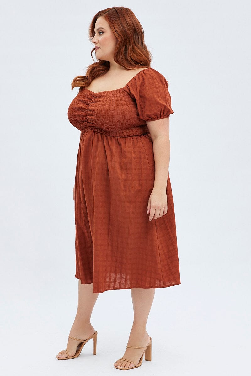 Rust Midi Dress Textured Puff Sleeve for YouandAll Fashion