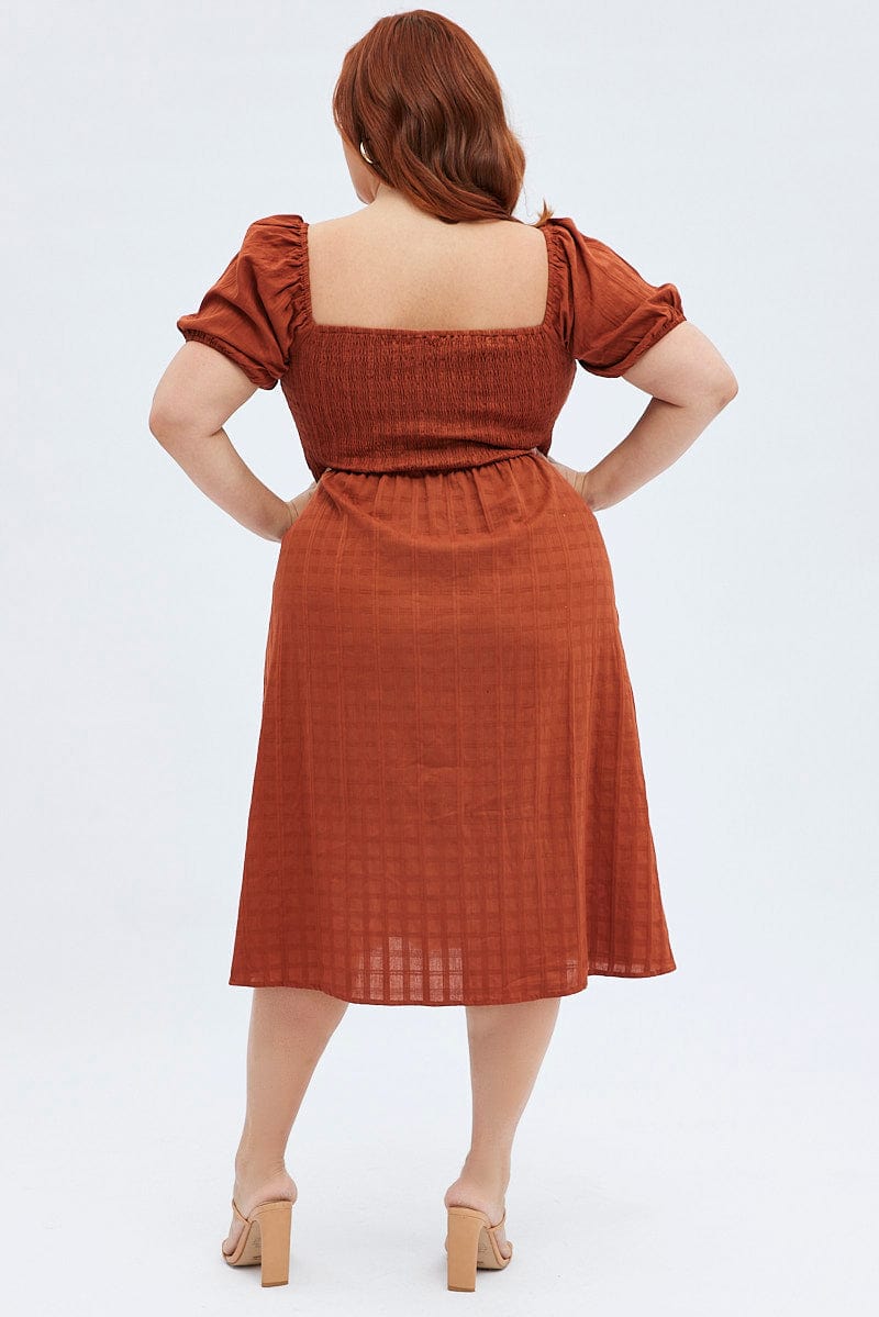 Rust Midi Dress Textured Puff Sleeve for YouandAll Fashion