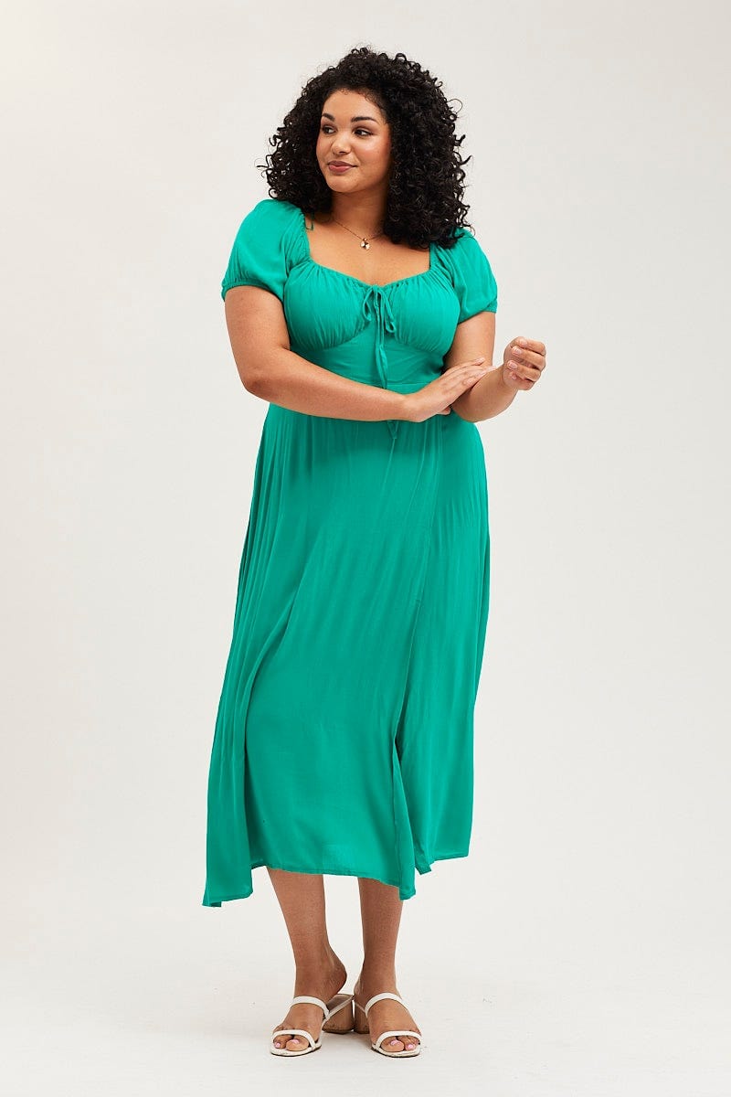 Plus Size Green Maxi Dress Scoop Neck Short Sleeve Front Split | You + All | Shop Online | You & All Plus Size Green Maxi Dress Scoop Neck Short Sleeve Front Split | You + All | Shop Online | You & All